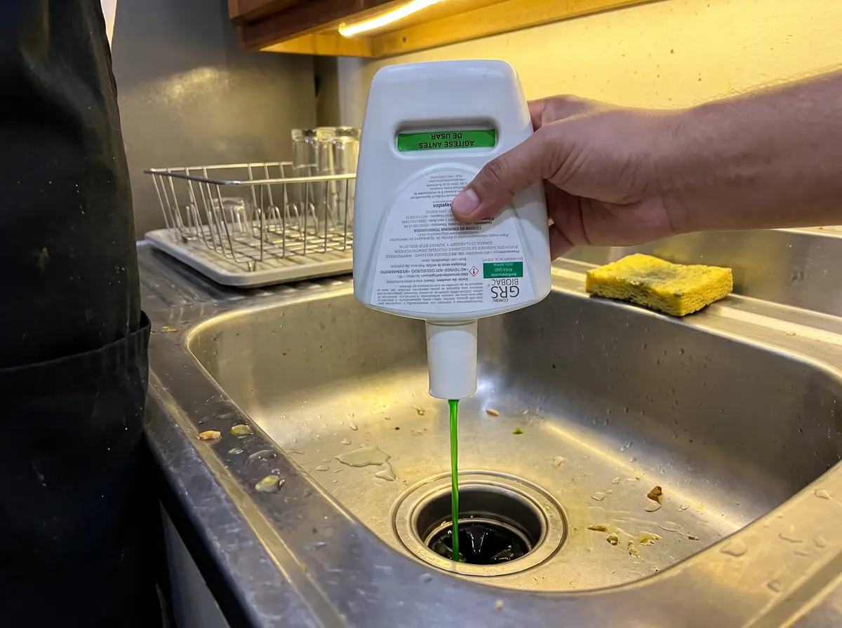 Personal de cocina aplicando la presentación compacta de BIOBAC GRS en el desagüe de la pileta
