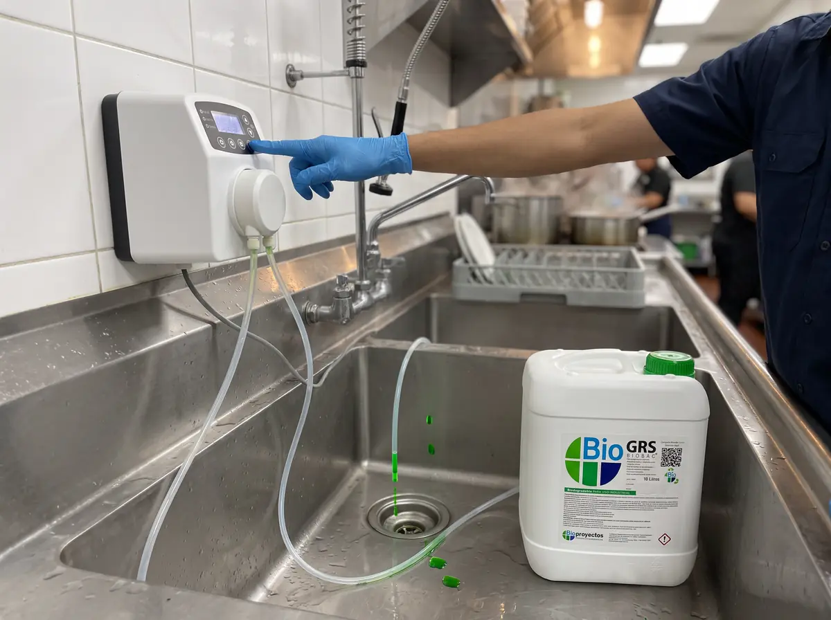 Técnico programando el dosificador automático de BIOBAC GRS junto al lavatrastos de una cocina